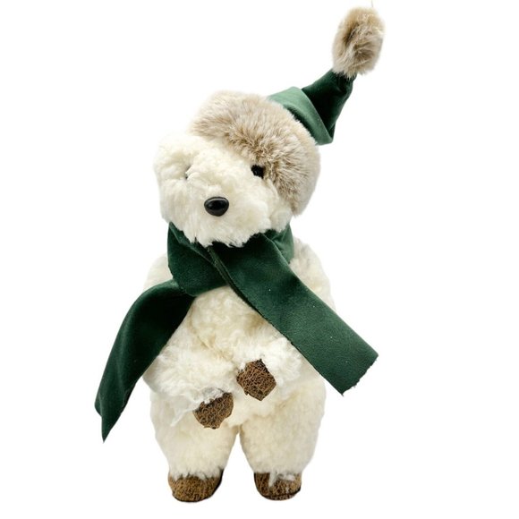 Winter Bear Stands Up Figurine Off-White Fleece with Green Velvet Scarf and Hat - Picture 1 of 13